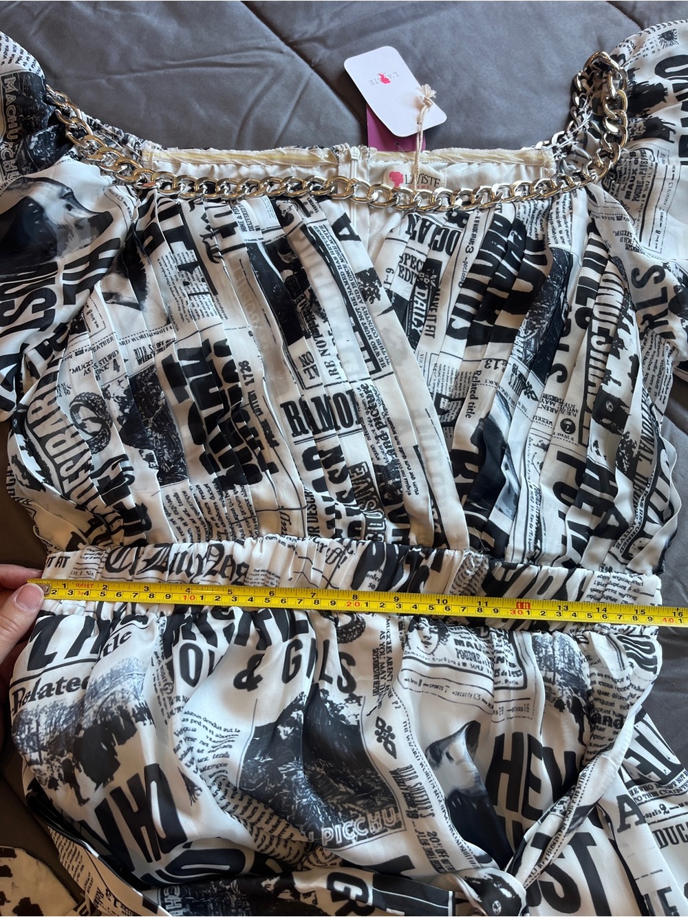 L'ATISTE Black and White Newspaper Print Maxi Dress with Silver Lining - Picture 5 of 9
